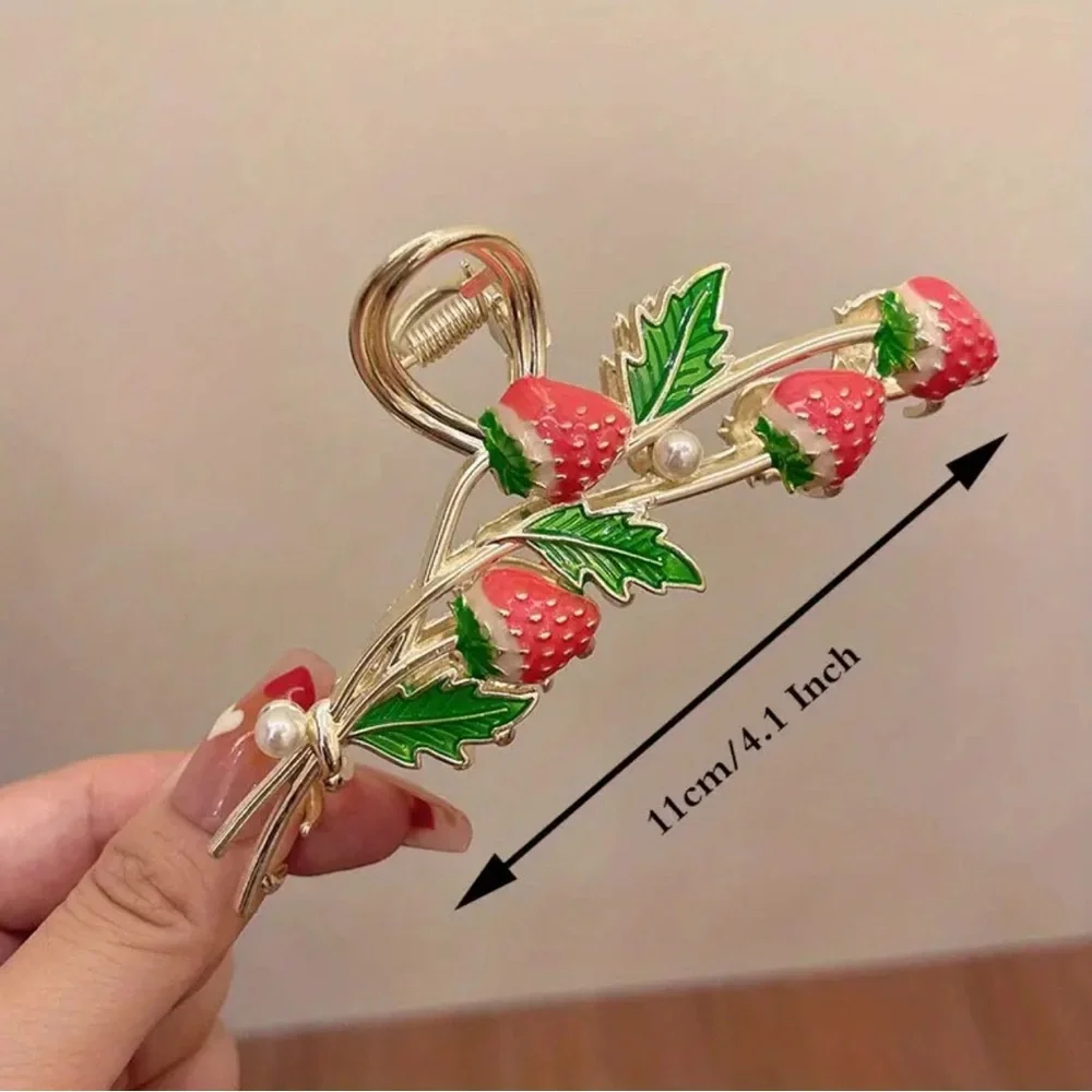 Strawberry Hair Clip Pink Enameled And Pearls Clip Gold Tone Metal